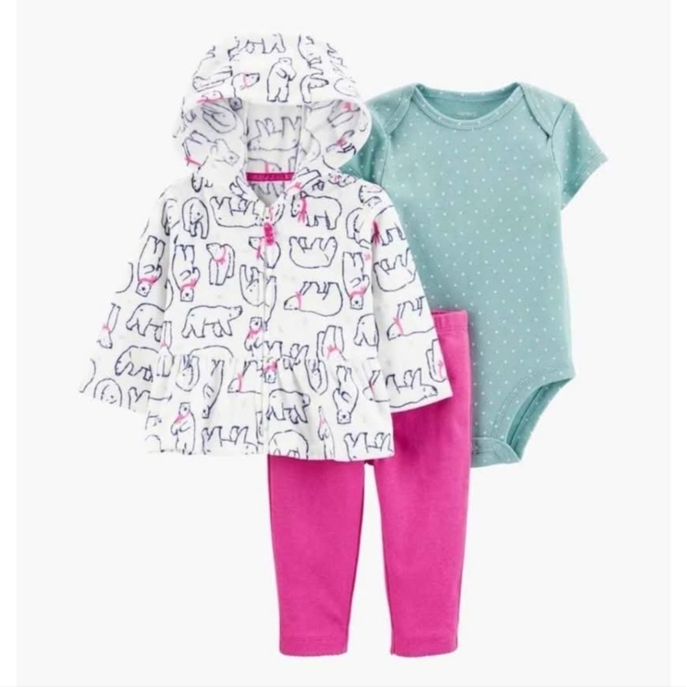 NWT Carter's White, Pink, and Green PolarBear Fleece Kids 3 Pc Matching Set ~18M